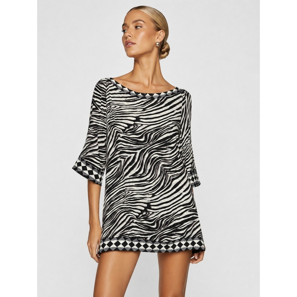 Kedem Sasson 100% Silk Zebra Tunic Top Swim Cover Up Black White Art to Wear M